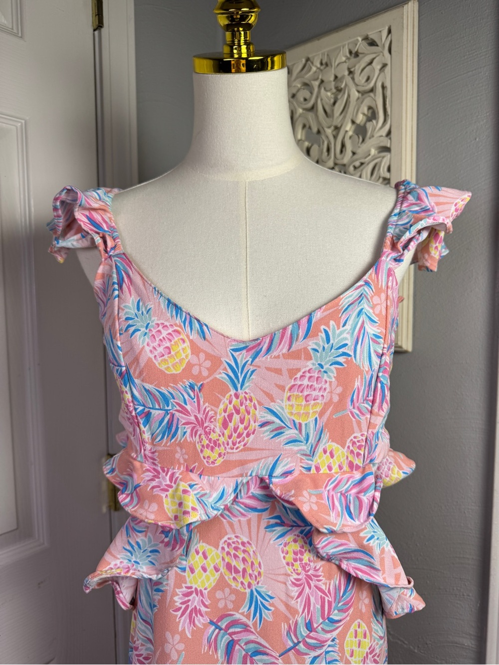 Simply Southern Pineapple Ruffle Maxi Dress Large Tropical Resort Cruise Pink - Picture 9 of 13